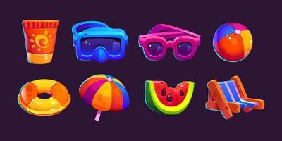 Summer cute game icons, cartoon vector isolated