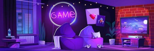 Gamer room interior at night vector