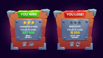 Win and lose ui game wooden screen design vector