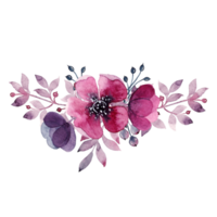 Floral composition with watercolor elements, violet flowers and leaves. png