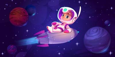linda dibujos animados astronauta volador en cohete en espacio vector
