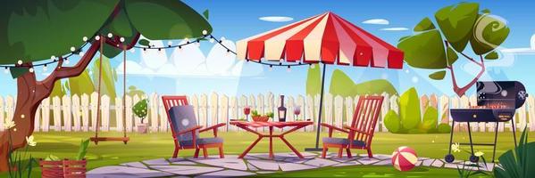 BBQ party on backyard with fence, picnic furniture vector