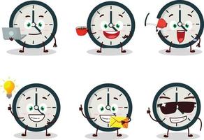 Clock cartoon character with various types of business emoticons vector