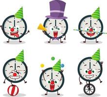 dibujos animados personaje de reloj con varios circo muestra vector