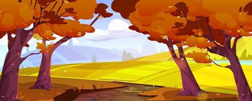 otoño paisaje con granja campos, arboles y río vector