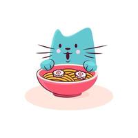 Cute cat character enjoys tasty ramen vector