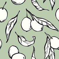 Olives hand drawn food seamless patten on green background. Doodle drawing of olives with leaves on light green background, pattern design for olive oil, natural cosmetics, wrapping, kitchen textile. vector
