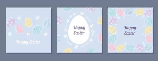 Happy Easter greeting cards and backgrounds collection with hand drawn Easter eggs and floral ornament on light purple. Holiday vector illustration.