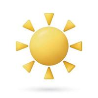 3d sun icon. Realistic yellow plastic three dimensional summer design elements. Vector Illustration of sun with sunbeams on white background with shadow underneath.