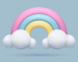 3d Rainbow with white clouds Icon on blue sky background.. Realistic three dimensional cartoon plastic weather icon. Cute baby design element in pastel pink, blue and yellow colors. vector