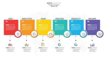 El vector infográfico de línea de tiempo con 6 pasos se puede utilizar para el diseño web del informe anual del diagrama de diseño de flujo de trabajo.