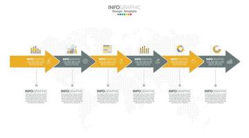 El vector infográfico de línea de tiempo con 6 pasos se puede utilizar para el diseño web del informe anual del diagrama de diseño de flujo de trabajo.