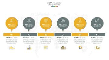 El vector infográfico de línea de tiempo con 6 pasos se puede utilizar para el diseño web del informe anual del diagrama de diseño de flujo de trabajo.