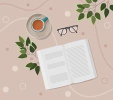Home workspace. Coffee, book and glasses on the table. Vector illustration