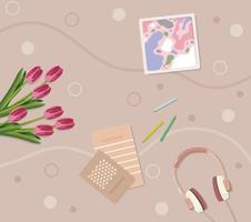 Home comfortable creative space. Tulips, notebooks, headphones on the table. Vector illustration