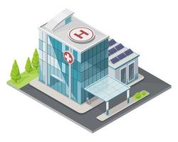 Hospital Glass Building with solar panels for save energy ecology concept isometric top view out door isolated illustration cartoon vector