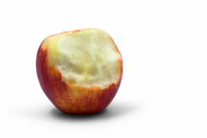 A bitten red apple without a background with a shadow in PNG format