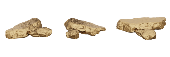 A gorgeous and realistic 3D rendering of a golden rock is presented. This lovely mineral has a gleaming metallic sheen and a natural, crystal-like structure, adding a sense of richness png