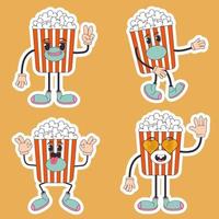 Cartoon character retro sticker popcorn food 70s. In trendy groovy hippie retro style. vector