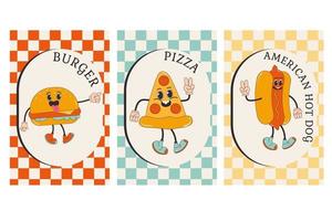 Fast food poster set in trendy groovy style. Funny vector food character and mascot. Burger, pizza, hot dog.