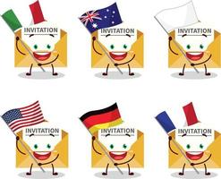 Invitation message cartoon character bring the flags of various countries vector