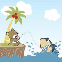 little bear in fishing get shark in the beach on blue sky background, vector cartoon illustration