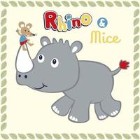 Little mouse sitting on rhino horn, cartoon vector