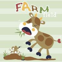 funny cow with a little mouse, vector cartoon illustration