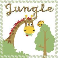 Funny giraffe with monkey in jungle on leaf frame border, vector cartoon illustration
