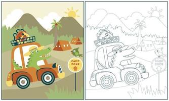 Funny crocodile driving car on camping ground background, vector cartoon illustration, coloring book or page