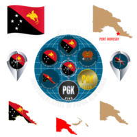 conjunto de ilustraciones de bandera, contorno mapa, íconos de independiente estado de Papuasia nuevo Guinea. viaje concepto. png