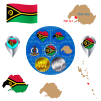 Set of  illustrations of flag, outline map, Vanuatu icons. Travel concept. png