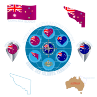 Set of illustrations of flag, outline map, icons CORAL SEA ISLANDS TERRITORY. AUSTRALIAN OUTER TERRITORIES. Travel concept. png