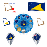 conjunto do ilustrações do bandeira, esboço mapa, ícones do toquelau. viagem conceito. png