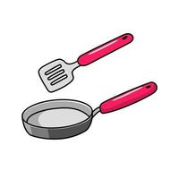Frying pan with spatula vector illustration in cute hand drawn style