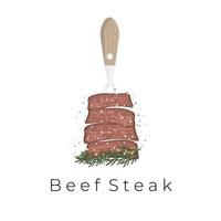 Juicy Beef Steak Vector Illustration Logo Skewered With Fork And Served With Salt Pepper And Rosemary