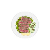 Vector Illustration Logo of Tuna Tataki Ahi Tuna or Tuna Meat Covered in Sesame and Served with Fresh Vegetables