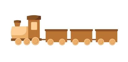 Wooden train toy isolated. Wooden child locomotive with wagons. vector
