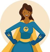 African American super hero woman cartoon pose isolated. Pretty female super woman avatar. vector