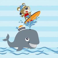 vector cartoon of cute bear in surfing with funny whale