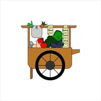 Flat vegetable cart vector icon illustration. A wooden vegetable cart filled with various vegetables and meat