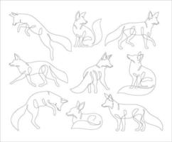 Fox in line art and abstract icon set. Collection of Fox wall art decoration design. Abstract and minimalist outline fox icon set. Continuous one line drawing of a fox collection. Vector illustration