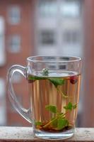 Still life cup with herbal tea. Red house with a lot of windows on the background. Strawberry leaves and berries are floating in the cup. Side view. photo