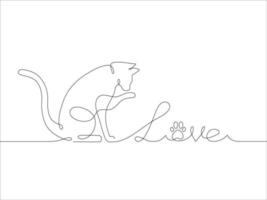 Cat and text Love in one line drawing style. Abstract and minimalist picture of writing love with cat icon. Contunuous line drawing of cat. Pet love icon. Vector illustration