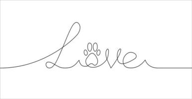 Love hand drawn lettering with pet footprint. One line drawing of writing love with paw. Cat and dog love icon. Vector illustration