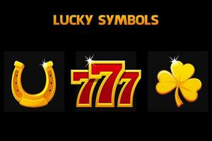 Lucky symbols - seven, clover and horseshoe. Golden icons for slots and casino game. Ui element for jackpot in gambling. vector