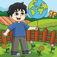 Boy Holding an Earth Balloon Colored Cartoon vector