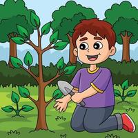 Boy Planting Trees Colored Cartoon Illustration vector