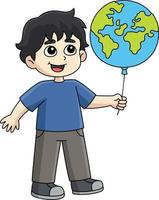 Boy Holding an Earth Balloon Cartoon Clipart vector