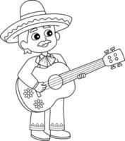 mexicano chico con guitarra aislado colorante página vector